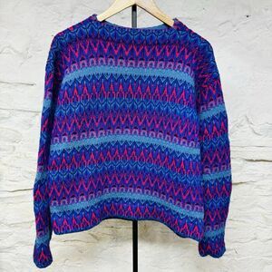 Vintage 60s 70s Scotch Craft 100% Virgin Wool Nordic Style Sweater Blue Pink